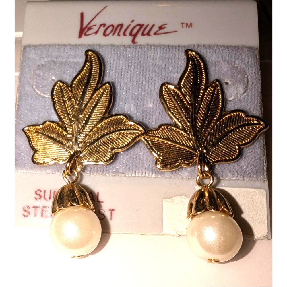 VTG New Old Stock Veronique Gold-Tone Surgical Steel Leaf Faux Pearl Earrings